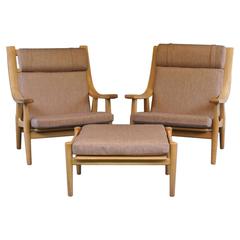Pair of High Back Oak GE530 Chairs with Ottomans by Hans J. Wegner for GETAMA 8