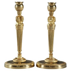 Pair of Gilded and Sculpted Bronze Candlesticks, Empire Period