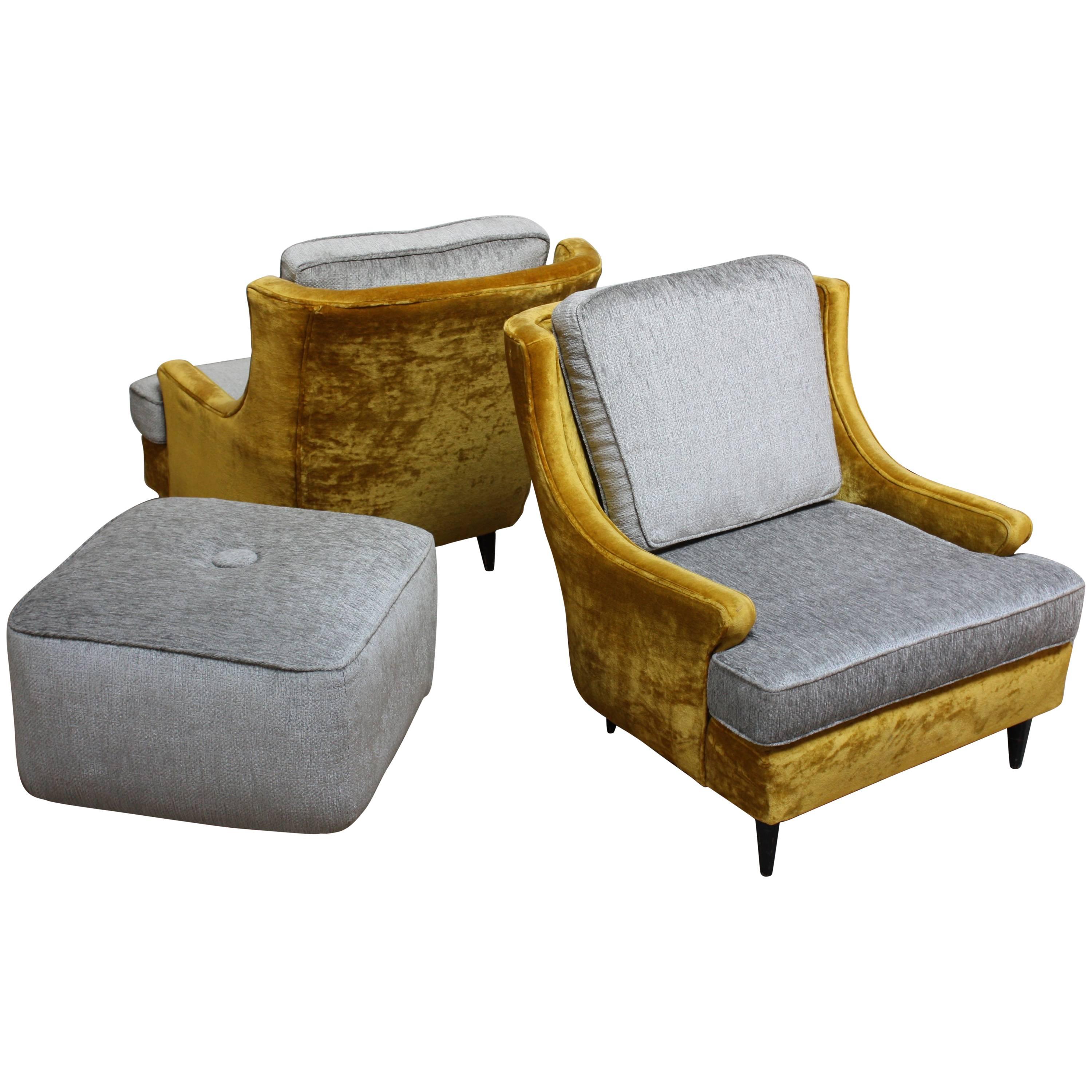 Pair of American Modern Lounge Chairs and Ottoman in Velvet and Chenille