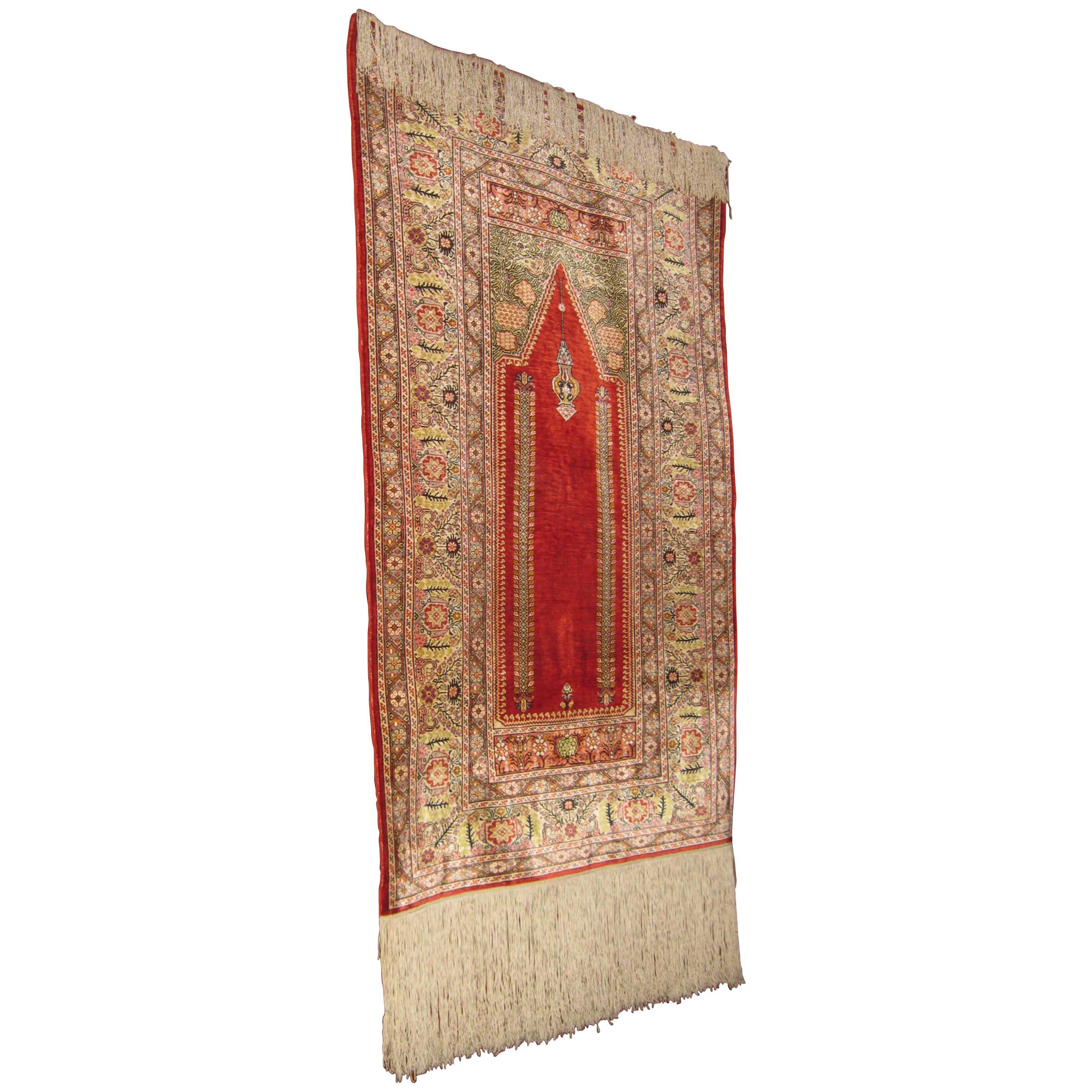 20th century Turkish Silk Ghiordes Prayer Rug
