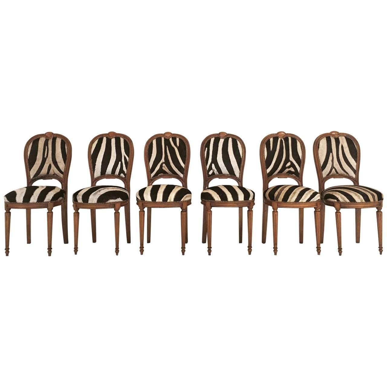 Vintage Maison Jansen Louis XVI Style Dining Chairs in Zebra Hide, Set of Six