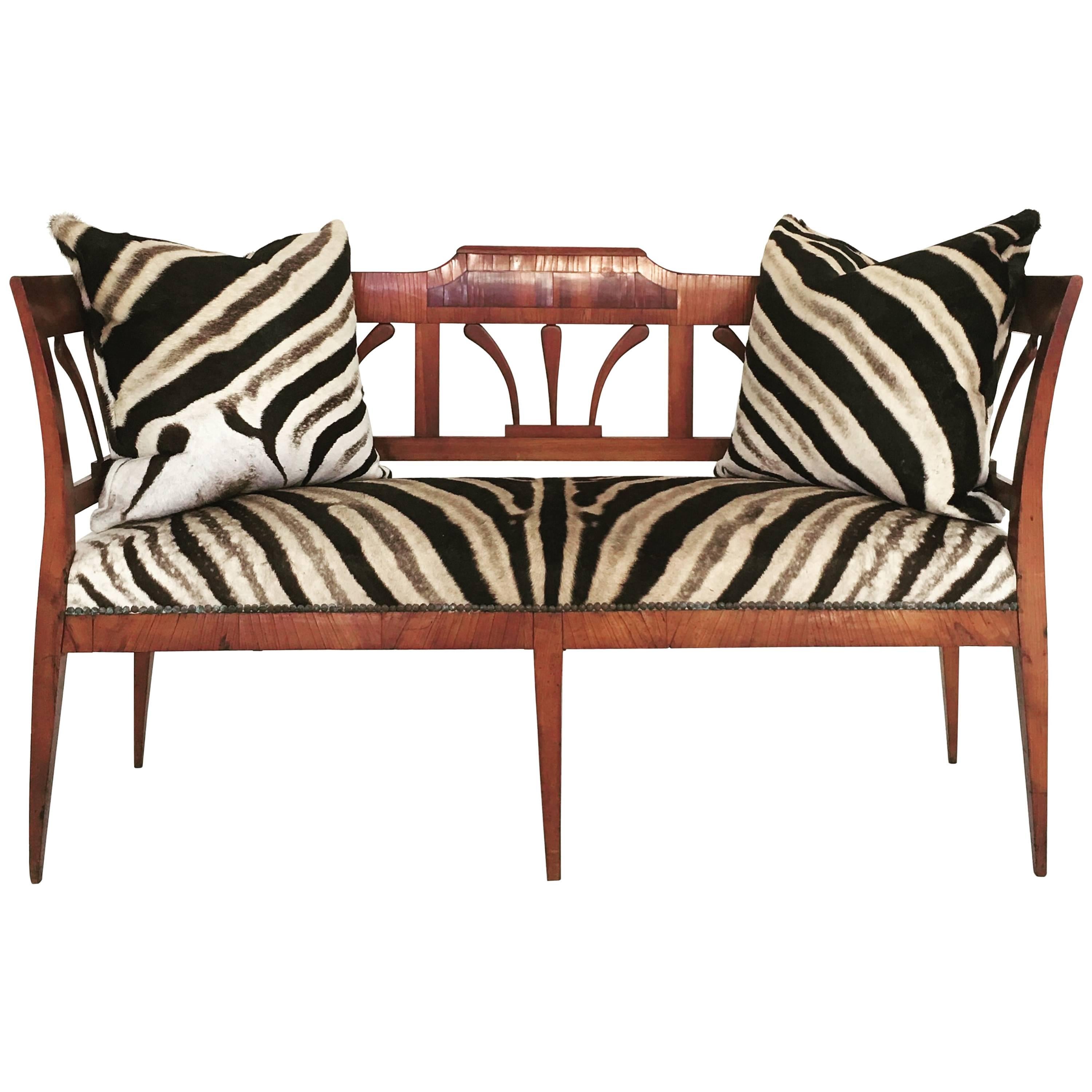 19th Century Fruitwood and Rosewood Settee in Zebra Hide with Zebra Pillows