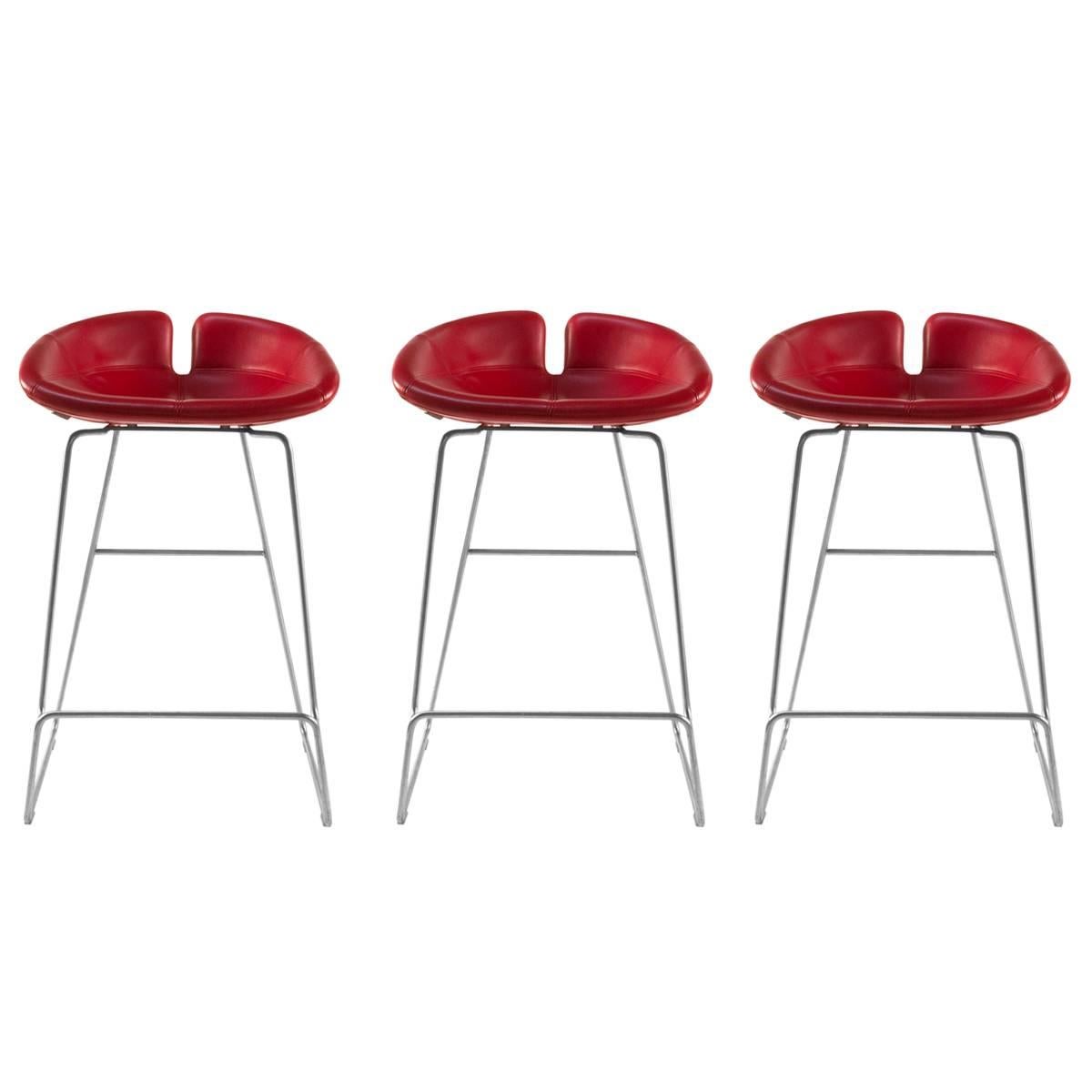 Moroso Red Leather Fjord Low Bar Stools by Patricia Urquiola, Italy For Sale
