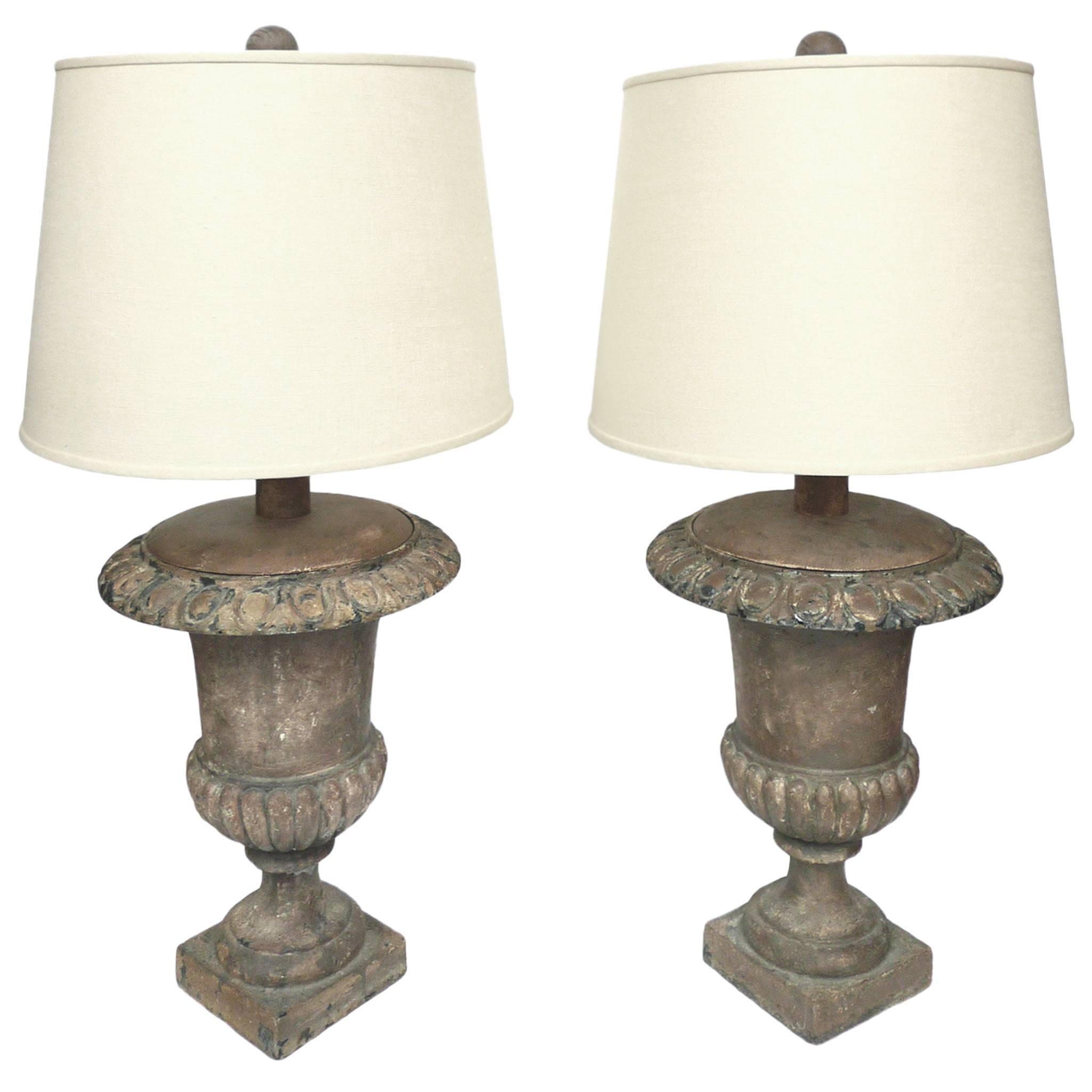 Early 20th Century Cast Iron Urn Lamps, Pair