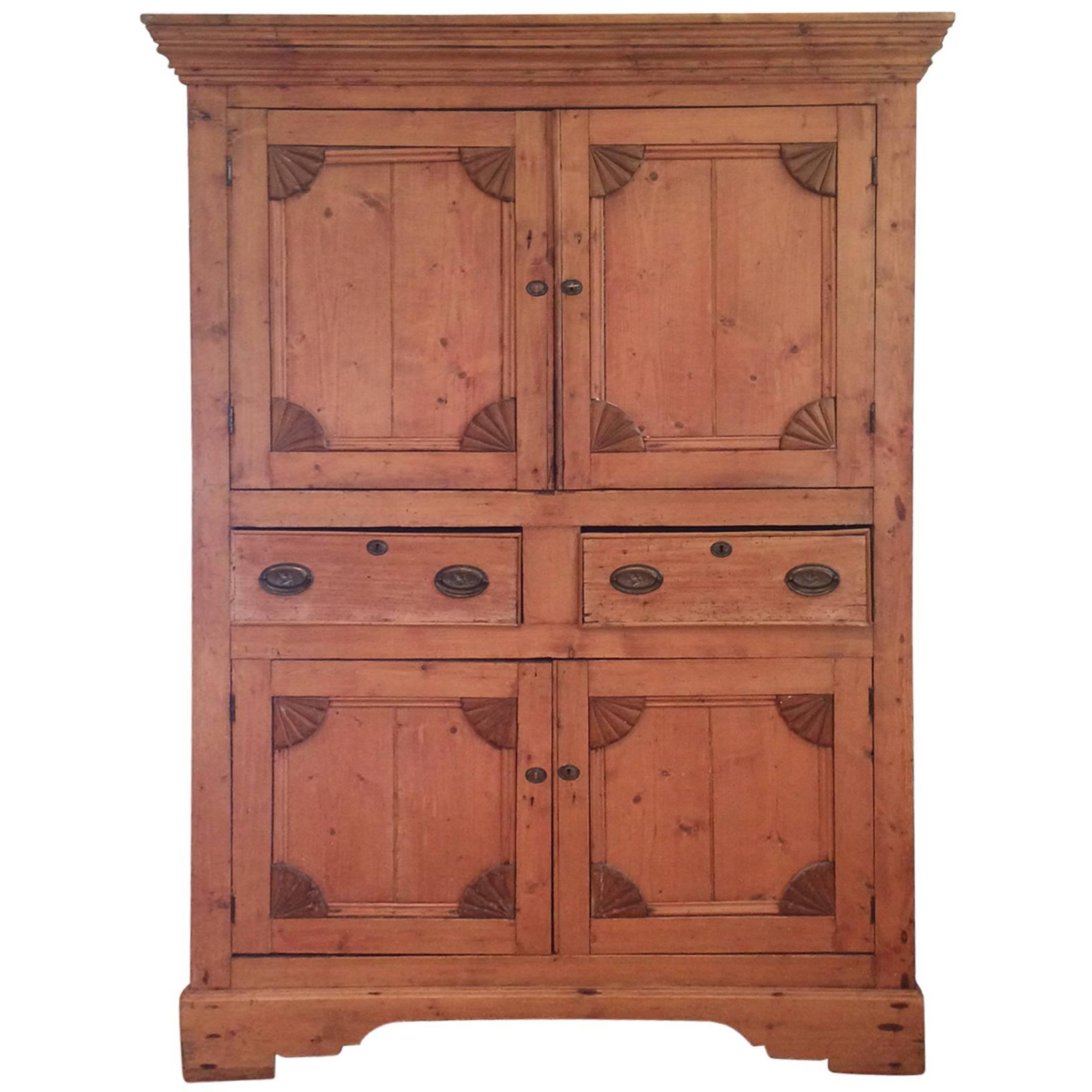 Wonderful Antique Rustic Pine Linen Press Cabinet