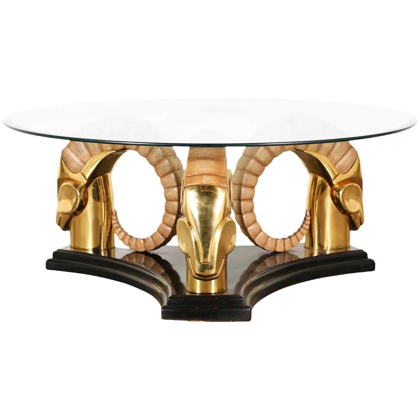 Mid-Century Brass Ram Head Coffee Table with Glass Top