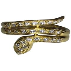 18-Karat Antique Yellow Gold Snake Ring with Diamonds