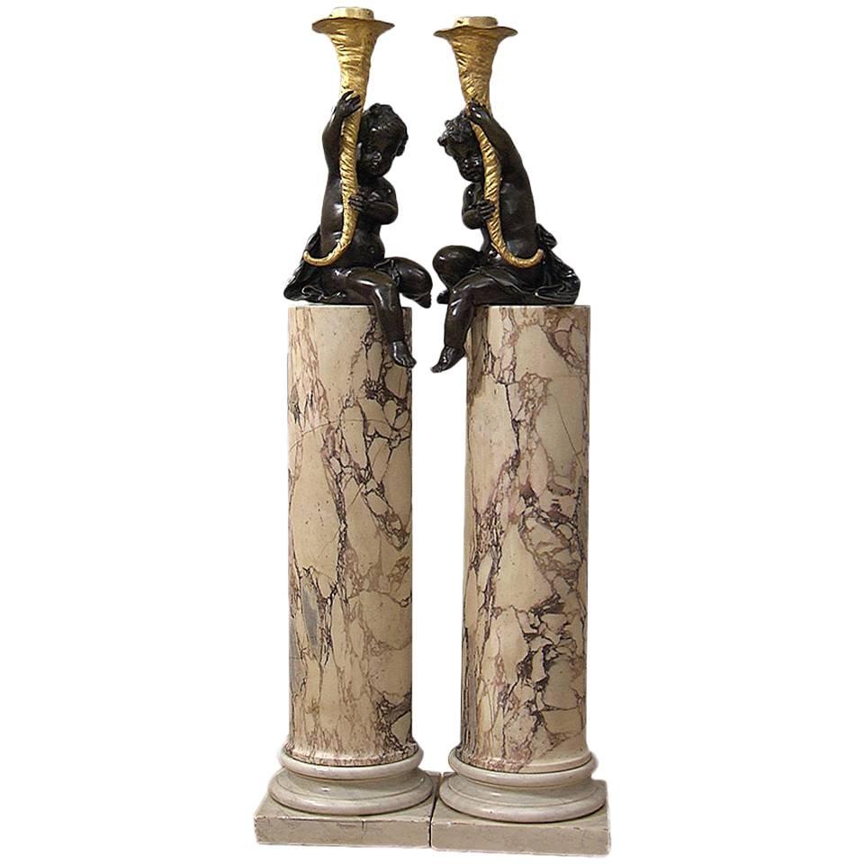 Bronze Putti on Marble Columns, France, Mid-19th Century For Sale
