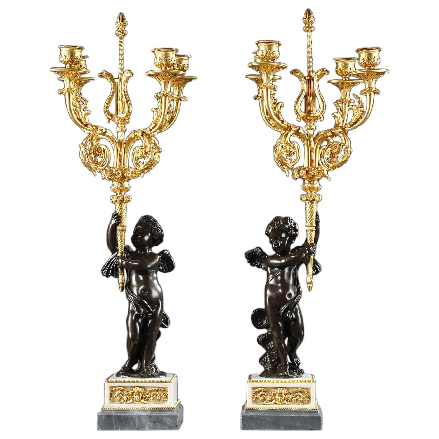 Pair of Mid-19th Century Bronze and Marble Candelabra, Young Cupids