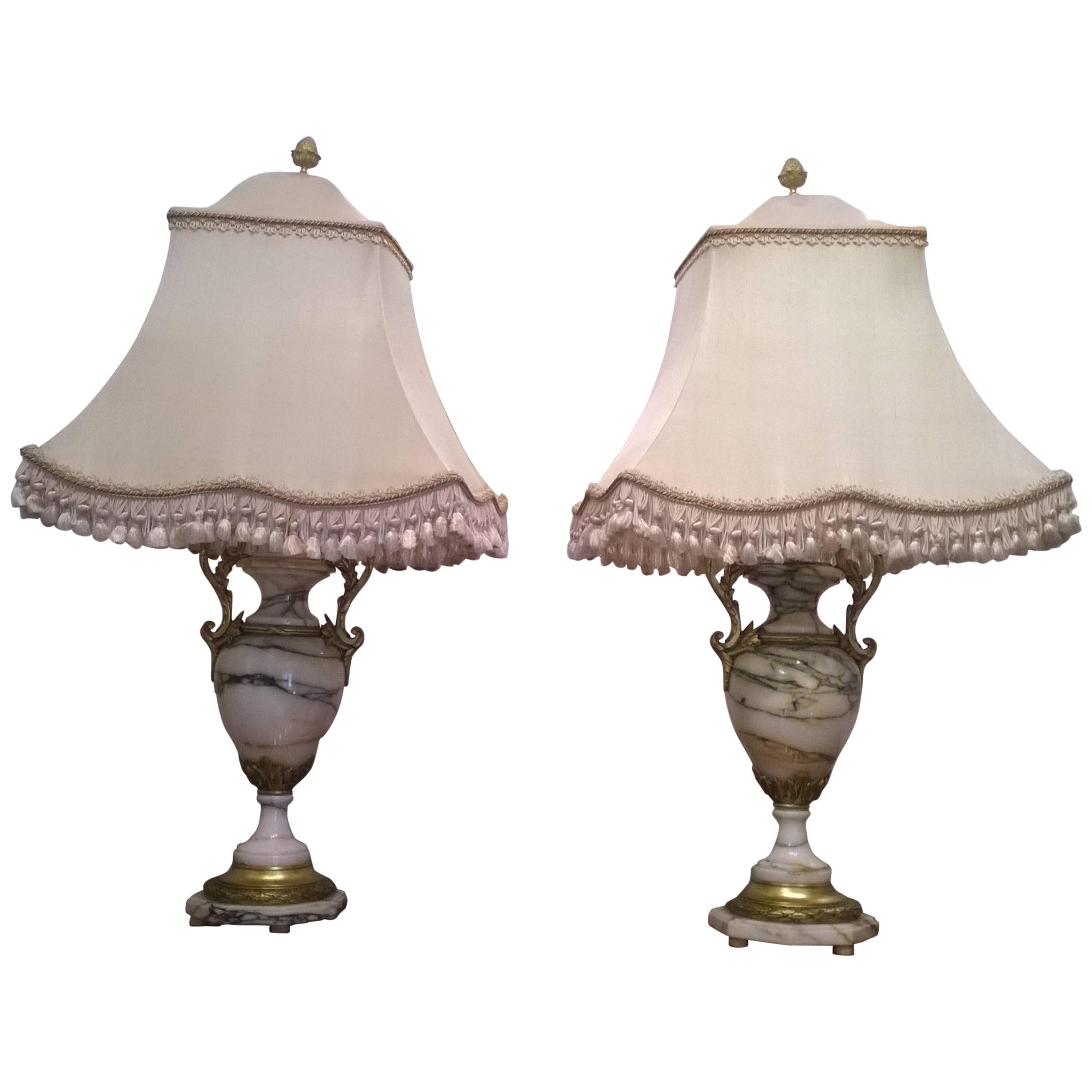 Victorian Marble and Gilt Metal Decorated Urns Converted to Electric Lamps, Pair For Sale