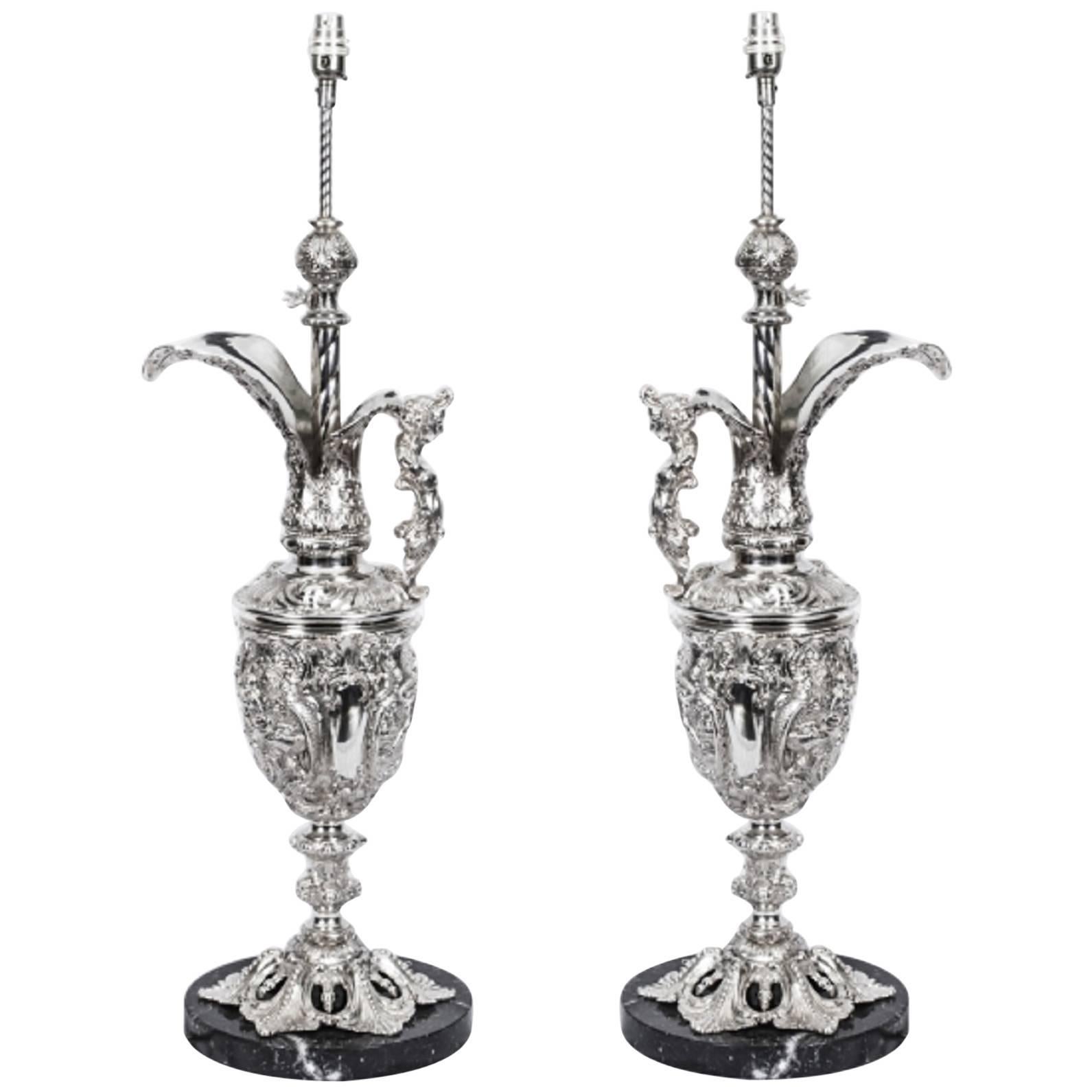 Antique Pair of Silver Plated Bronze Classical Urn Table Lamps, circa 1900