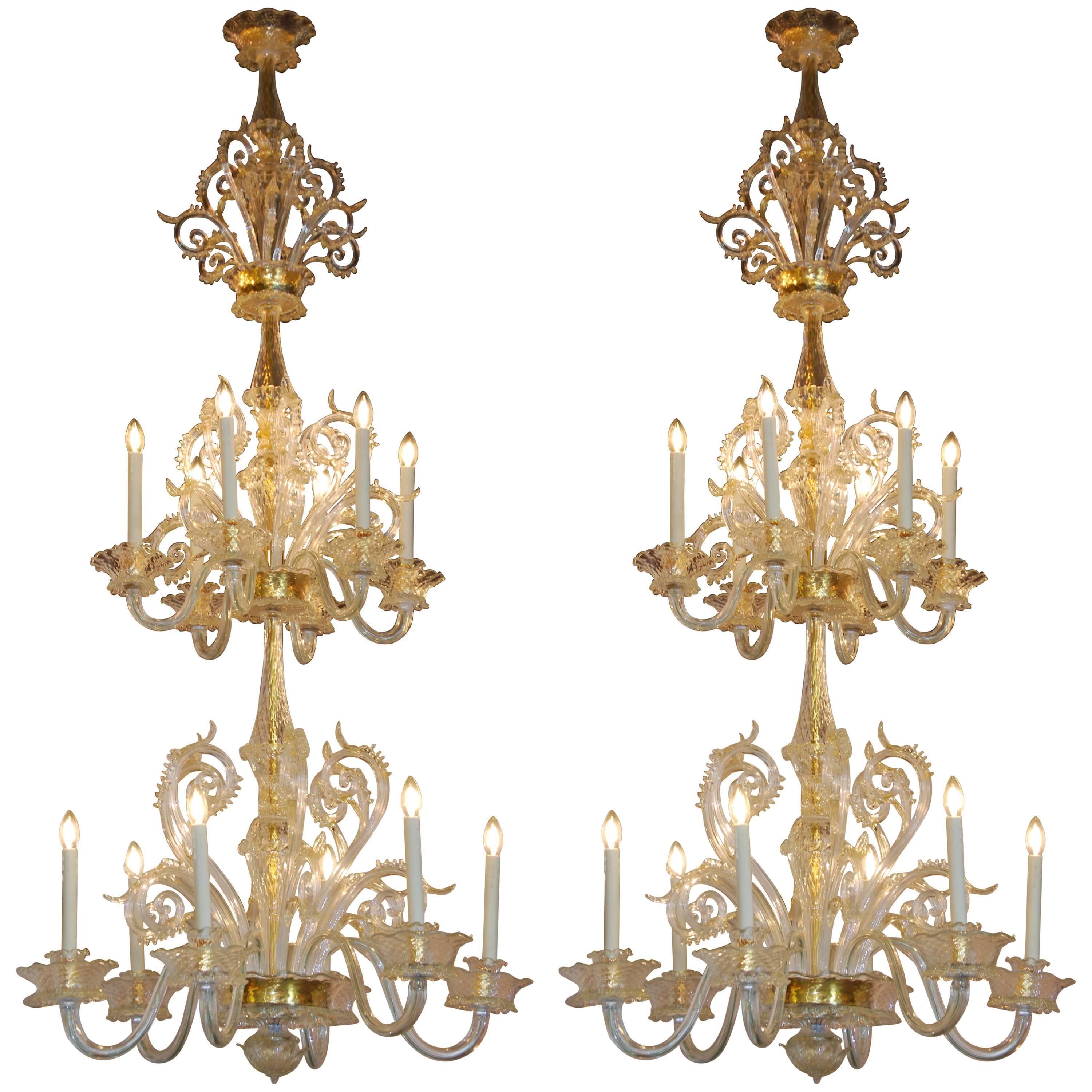 Pair of Murano Chandeliers  Late 19th Century  with 24-Karat Gold Decoration For Sale