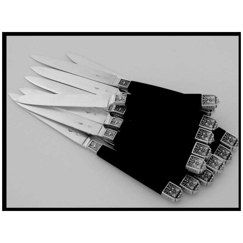 Cardeilhac French Sterling Silver and Ebony Knife Set 12 Pieces Box Renaissance