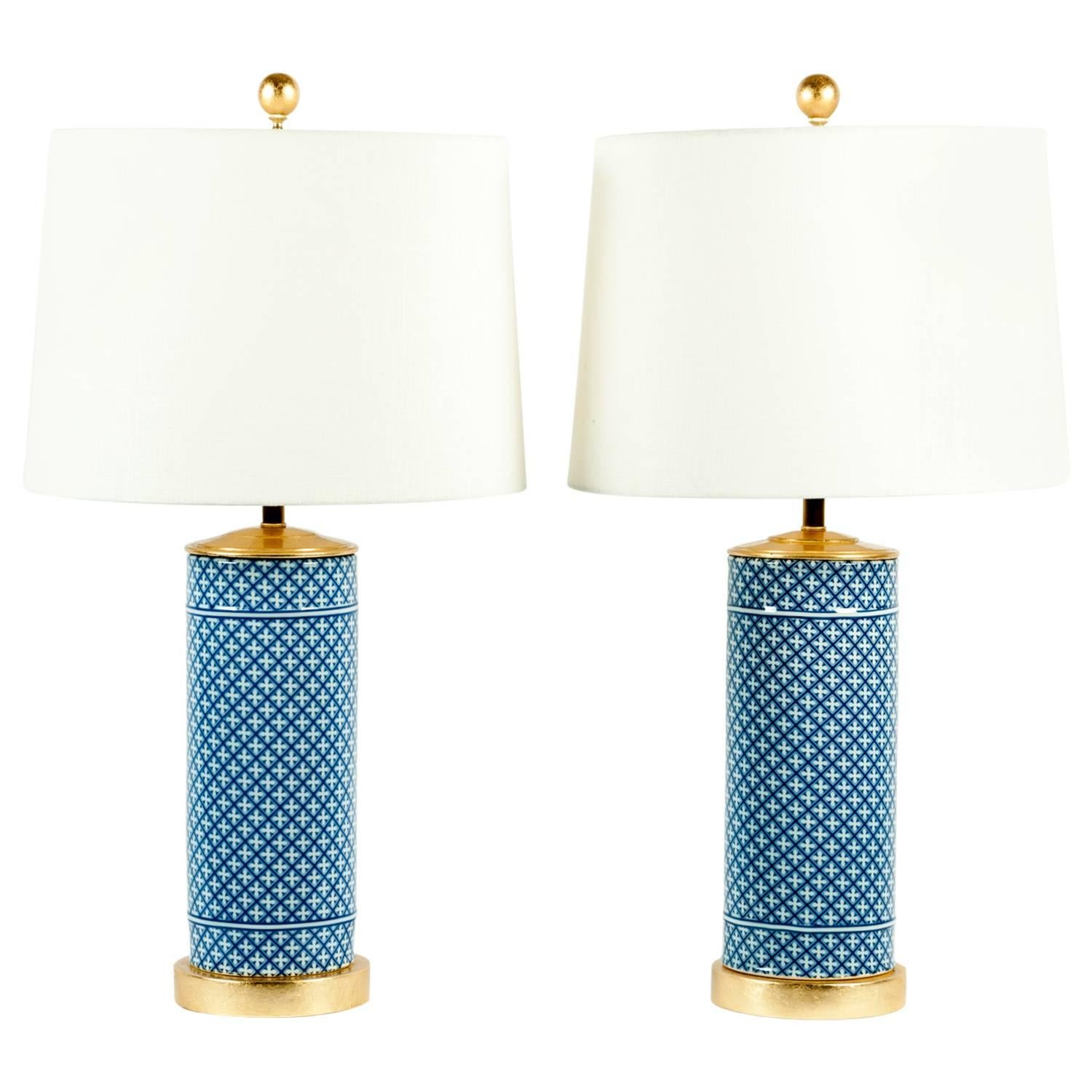 Round Pair of Goyard Porcelain Lamps with Gold Base