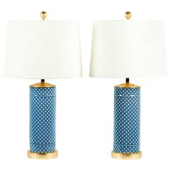 Round Pair of Goyard Porcelain Lamps with Gold Base