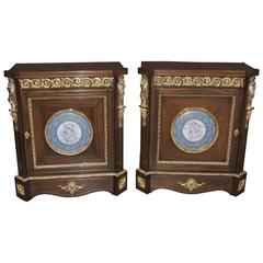 Pair of French Empire Style Cabinets Sevres Porcelain Cherub Plaques Chests