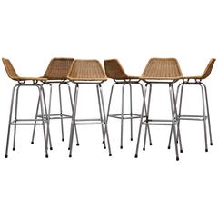 Set of Six Charlotte Perriand Inspired Wicker and Chrome Bar Stools