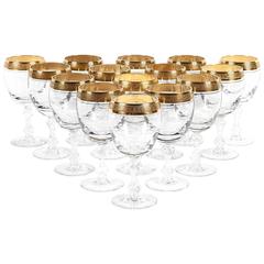 Vintage Set of 14 Wine / Water Crystal Glasses with Gold Ban Design