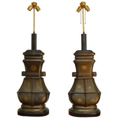 Vintage Pair of Monumental Chinese Bronze Vessel Table Lamps