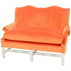 Vintage Chippendale-style Settee in Tangerine Velvet