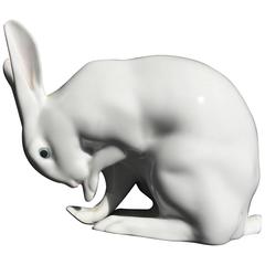 Fine Vintage Porcelain Big Eared Rabbit Licking His Paw, Mint FREE SHIPPING