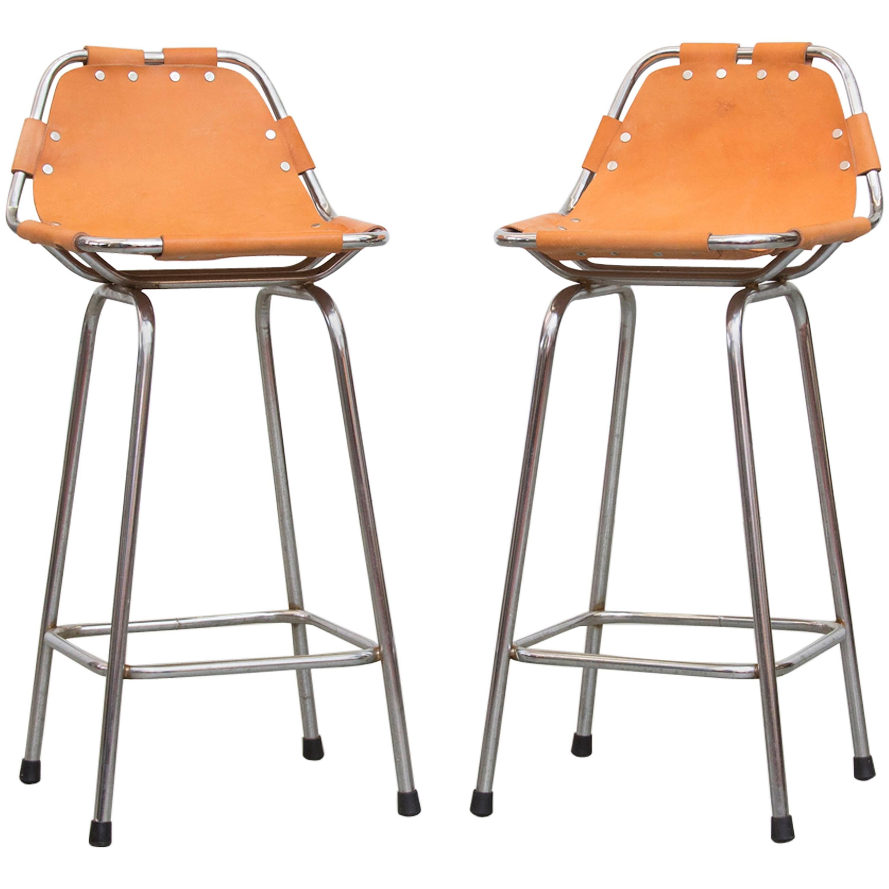 Pair of Charlotte Perriand Style Leather Bar Stools