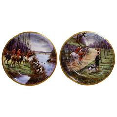 Pair of 19th Century Limoges Plates with Hunting Scenes Signed M. Chauffriasse