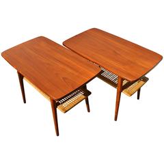 Gorgeous Pair of Teak Surfboard Side Tables by Casals with Cane Wrapped Shelves