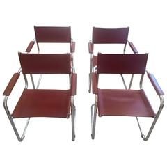 Set of Four Cognac Leather and Chrome Armchairs Dining Chairs