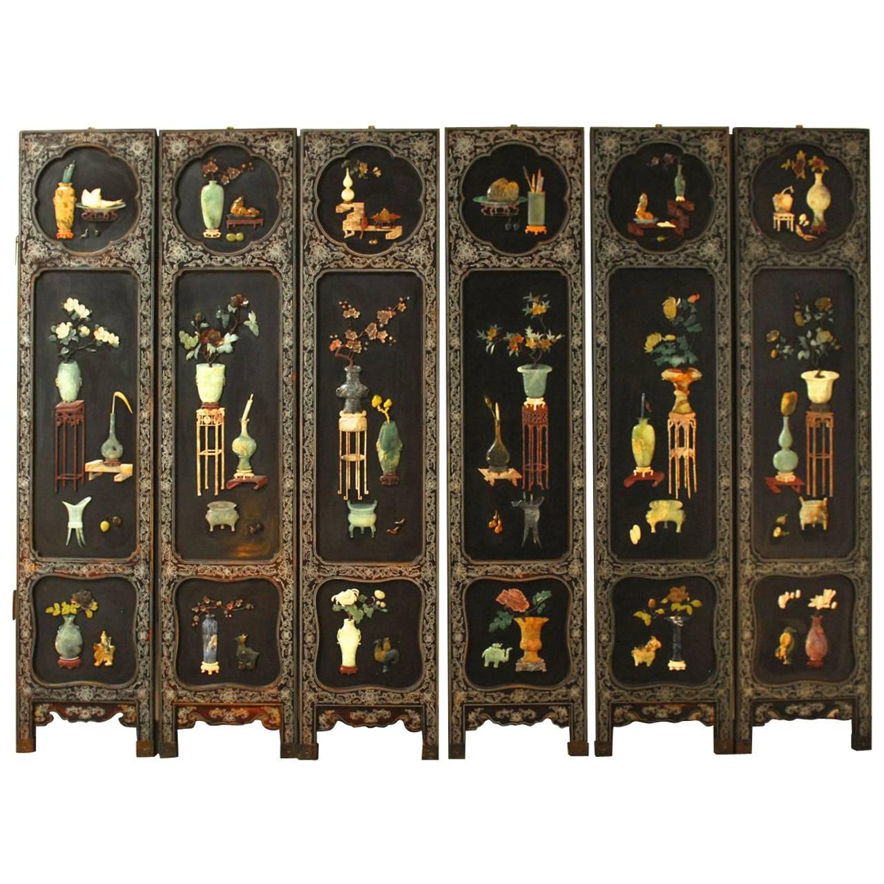 Six-Panel Chinese Lacquered and Jade Hardstone Screen