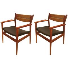Vintage Pair of Captain Chairs by Arne Vodder Oak, Teak and Seagrass Back