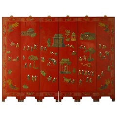 Six-Panel Chinese Red Lacquer Screen with Hardstone Inlay