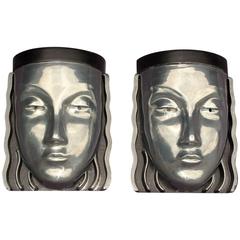 Pair of Mid-Century Art Deco Womans Face Wall Sconce