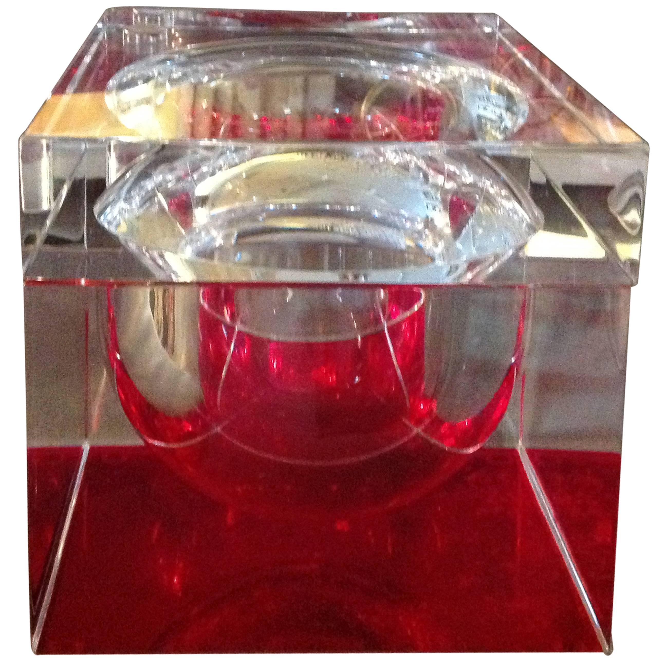 Mid-Century Red and Clear Cube Form Lucite Ice Bucket For Sale