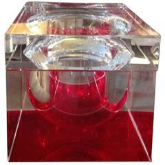 Mid-Century Red and Clear Cube Form Lucite Ice Bucket