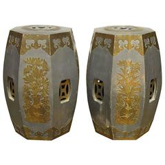 Vintage Pair of Chinese Pewter and Brass Drum Stools