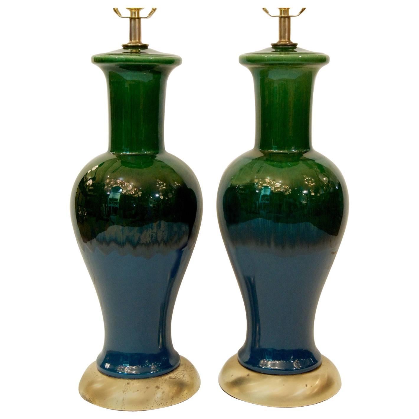 Pair of Blue and Green Glazed Table Lamps