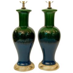 Vintage Pair of Blue and Green Glazed Table Lamps