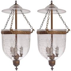 Pair of 19th Century English Bell Jar Lanterns with Grape and Vine Etching