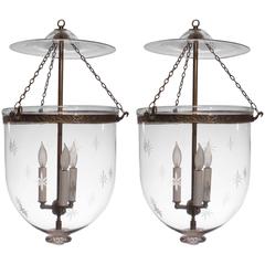 Antique Pair of Large 19th Century English Bell Jar Lanterns with Star Etching