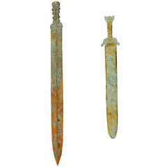 Vintage Pair of Chinese Qin Dynasty Archaic Style Brass Swords