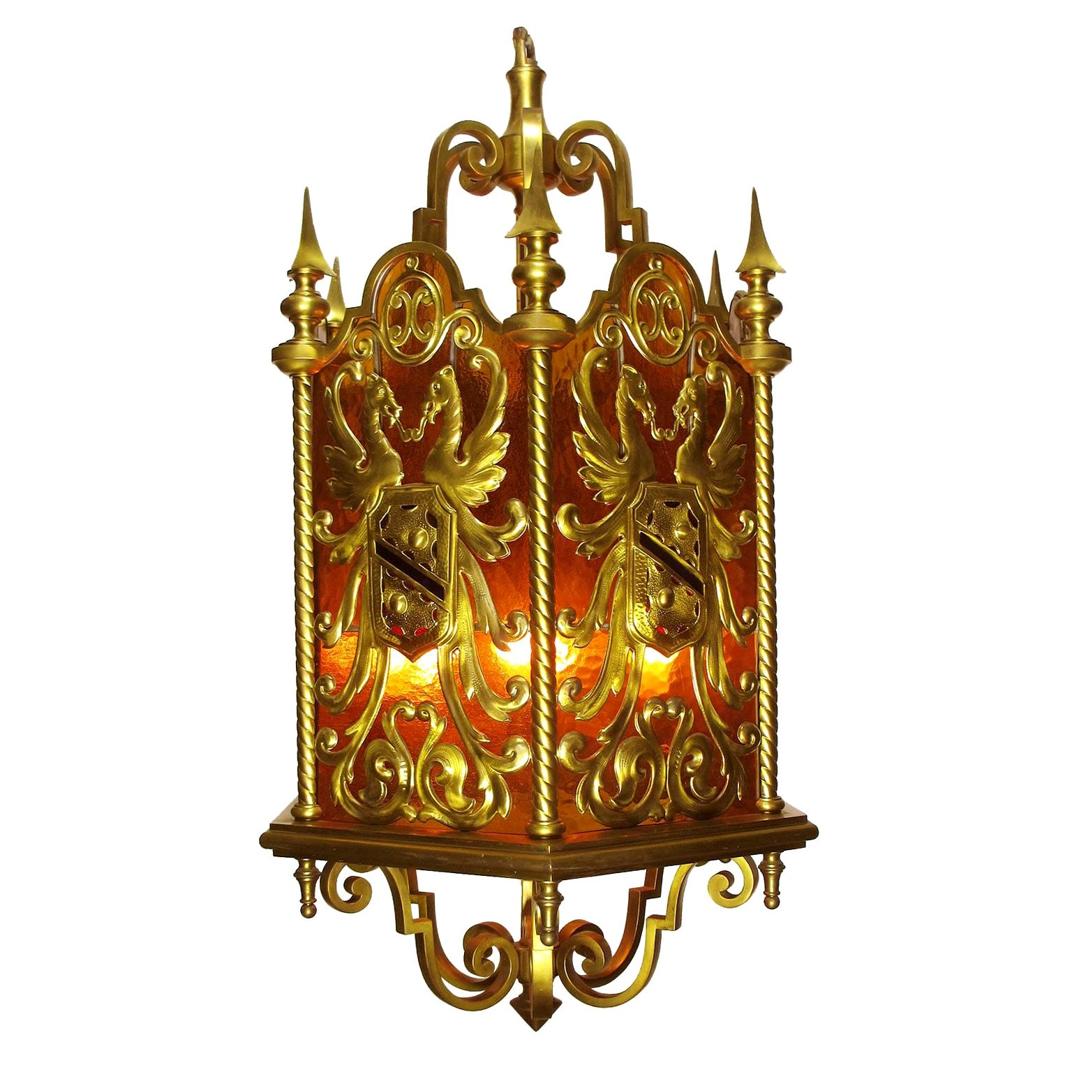 French 19th-20th Century Neoclassical Style Gilt Bronze Figural Hanging Lantern For Sale