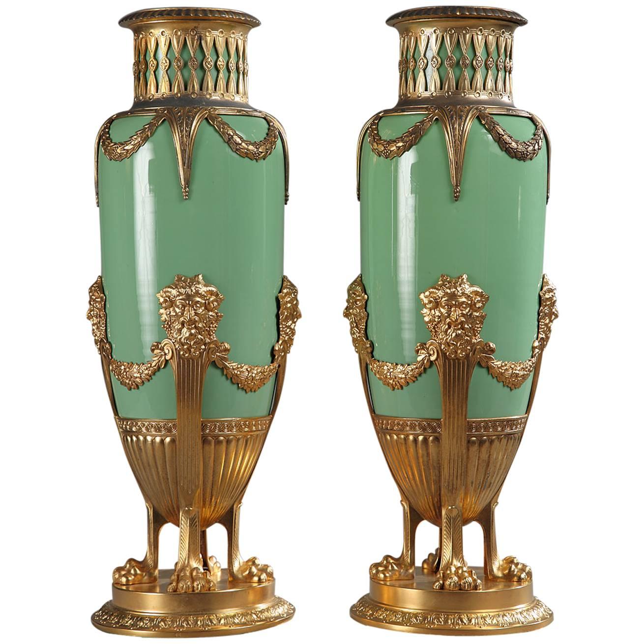 Late 19th Century Green Jade and Gilt Brass Vases