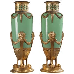 Late 19th Century Green Jade and Gilt Brass Vases