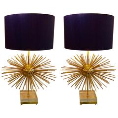 Pair of Brass and Murano Glass Sputnik or Starburst Lamps