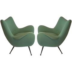 Unusual 1950s Italian Armchairs, Pair, colonial green
