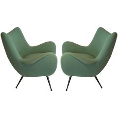 Unusual 1950s Italian Armchairs, Pair, colonial green