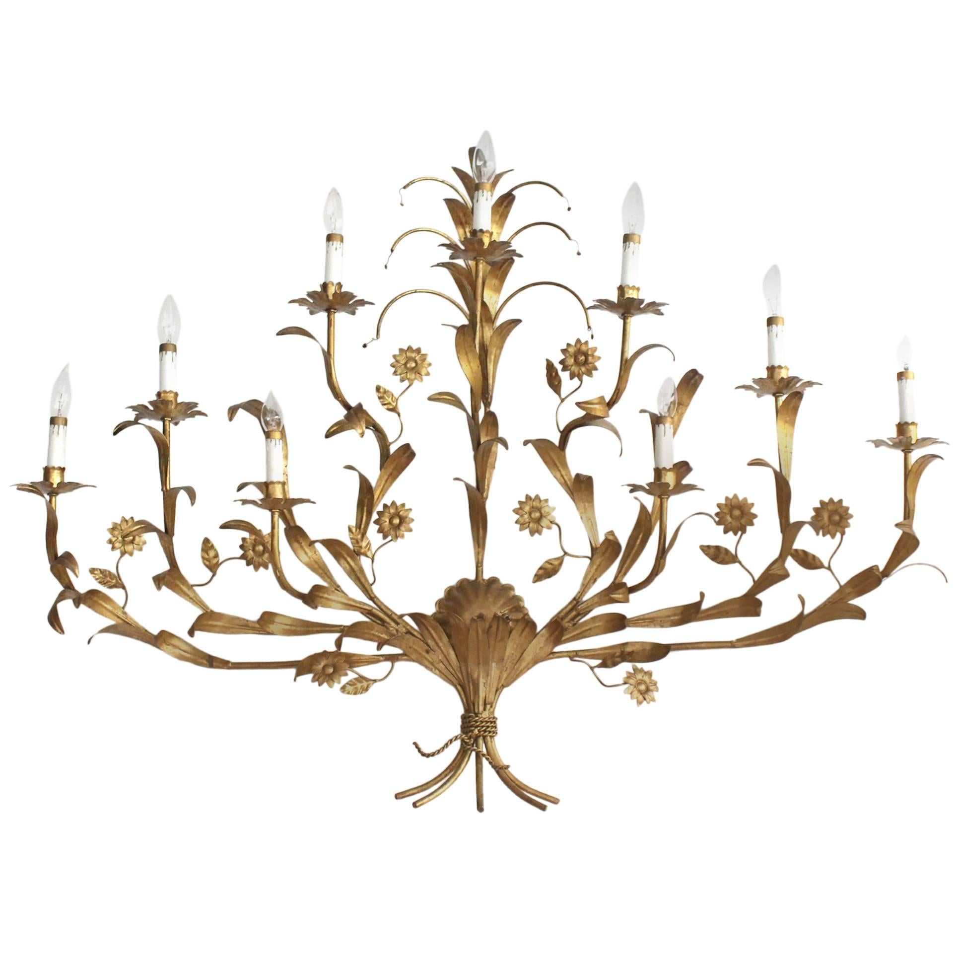 Gilded Metal Leaf and Flower Wall Sconce Light Fixture For Sale