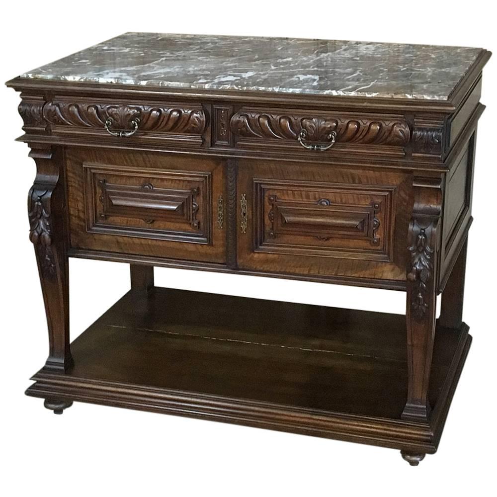 19th Century French Louis XIV Hand-Carved Walnut Marble Top Buffet