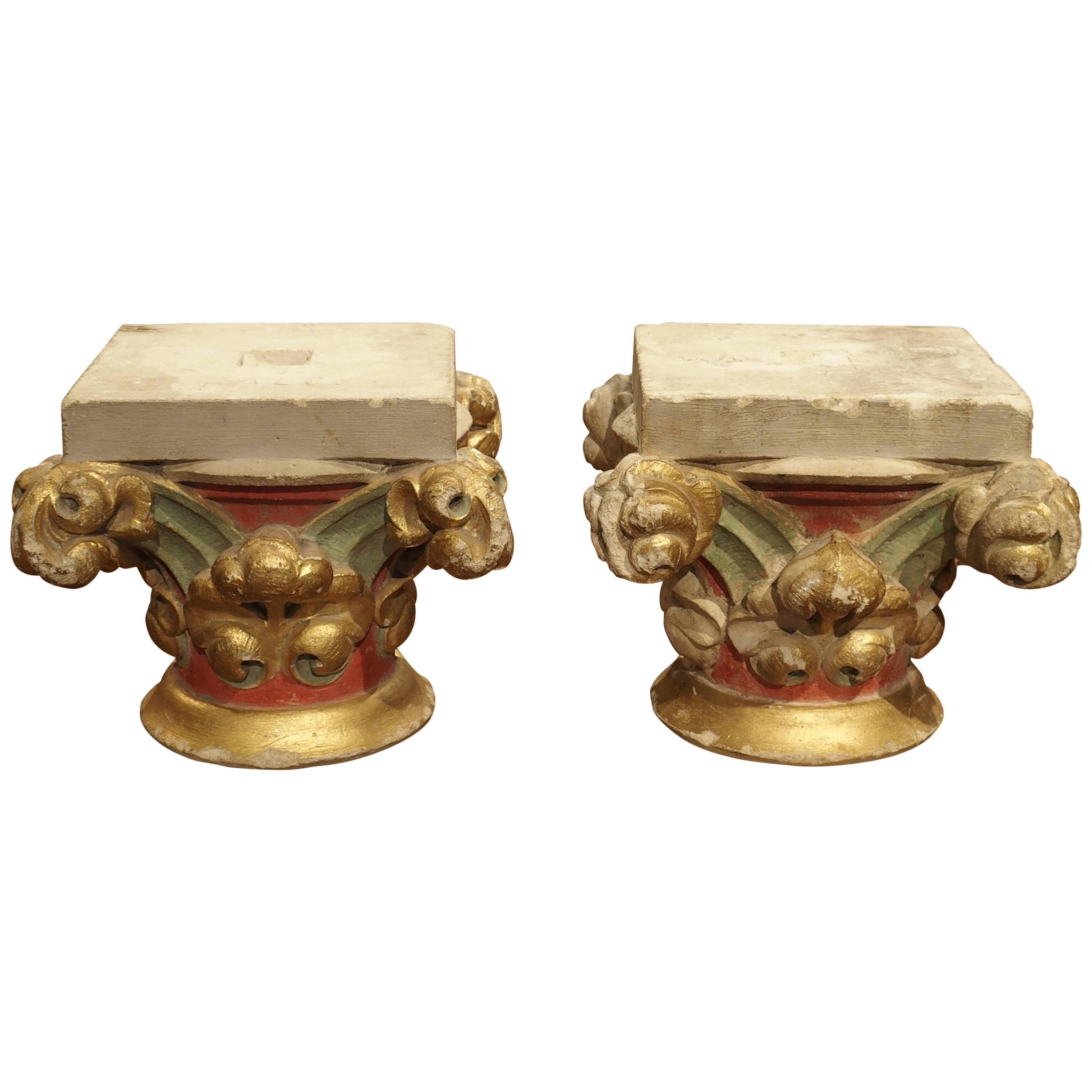 Pair of Small Painted Antique Stone Capitals from France, 1800s